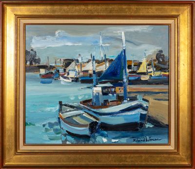 une peinture de bateaux dans un port avec des bâtiments à l'arrière-plan