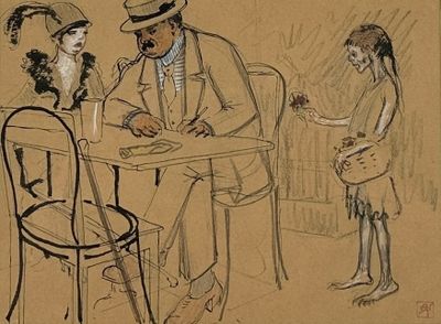 a drawing of a man and a woman sitting at a table