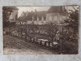 une vieille photo d'un homme debout devant un jardin
