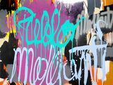 painting of a vase with graffiti on a wall with writing on it