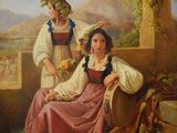 an image of a painting of two women sitting on a porch