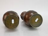 pair of bronze and glass vases on a white surface