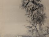 an old drawing of a tree in a snowy landscape with a mountain in the background