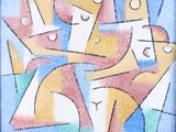 peinture abstraite représentant un groupe de personnes dans une palette de couleurs bleue, jaune et rouge