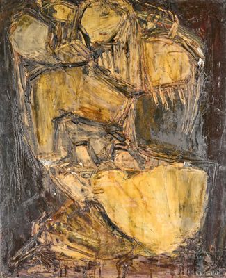 an oil painting of a vase filled with yellow flowers on top of a table