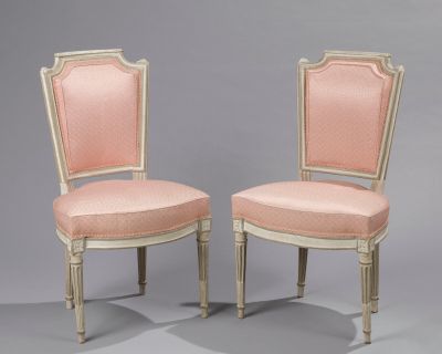 pair of louis xvi style side chairs with pink upholstered upholstered seats
