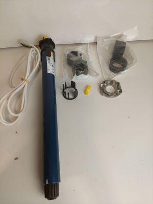 a picture of a blue water pump with a cord attached to it