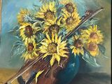 a painting of a violin and sunflowers in a vase
