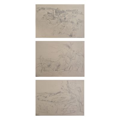 trois dessins représentant un paysage avec une rivière et une montagne au loin
