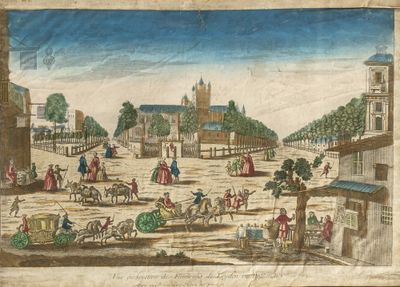 an old drawing of a town with people and horses in the foreground