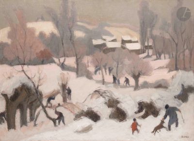 tableau représentant un groupe de personnes jouant dans la neige avec un chien