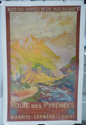 peinture représentant une affiche illustrant un paysage de montagne avec une rivière au premier plan