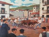 un tableau représentant un taureau mené par un groupe d'hommes