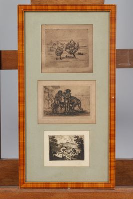 two framed drawings of horses and a man on a horse drawn carriage