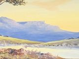 une peinture représentant une scène de montagne avec un lac au premier plan