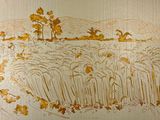a drawing of a field of wheat with trees in the background