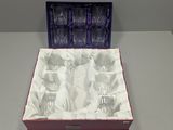 a box of wine glasses sitting on a table