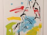 an abstract painting of a man sitting on a bench