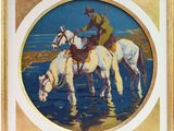 painting of a man riding a horse in the water with another man on a horse