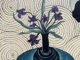 a painting of a vase with purple flowers on a table