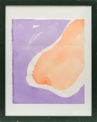 une image représentant une peinture d'une poire sur un fond violet et orange