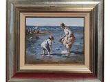 painting of a woman and child playing in the water at the beach