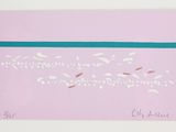 purple and blue painting of birds flying over a body of water