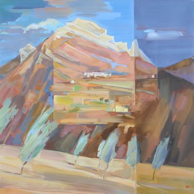 an oil painting of a mountain with a building in the background