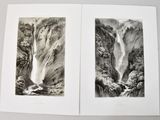 two black and white drawings of a waterfall and a waterfall