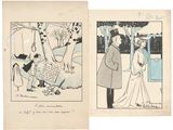 deux dessins représentant un homme et une femme debout devant un chien