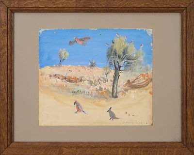 a picture of a painting of birds flying over a desert