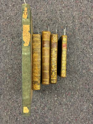 Plusieurs vieux livres sont alignés par terre, les uns à côté des autres