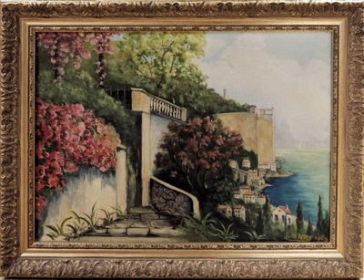 painting of a painting of a stairway leading to the sea