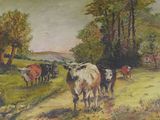 a painting of cows in a field with a house in the background