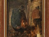 une peinture à l'huile représentant un homme et un chien dans une grange