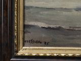 an oil painting of a man on a surfboard on the beach