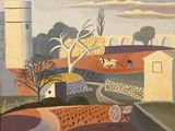 une image représentant un tableau représentant une scène de vie à la ferme avec un cheval et une calèche