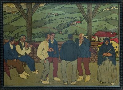 a painting of a group of people sitting on a bench