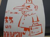 a drawing of a man with a hat on holding a suitcase