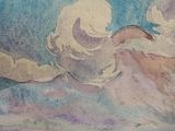 a picture of a painting of a landscape with clouds in the sky
