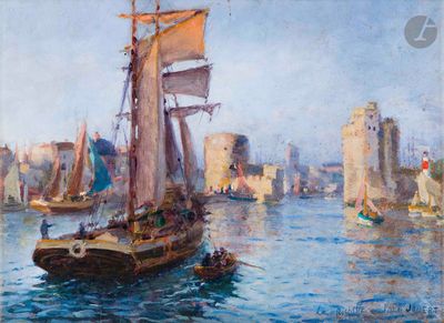 painting of a sailboat in a harbor with a city in the background