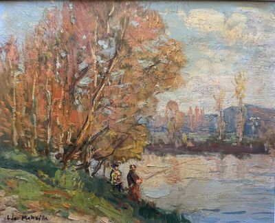 an oil painting of a couple fishing on a river with a city in the background