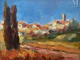 une peinture à l'huile représentant un paysage avec des arbres et des bâtiments au loin