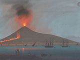 un tableau représentant un volcan au milieu d'un plan d'eau