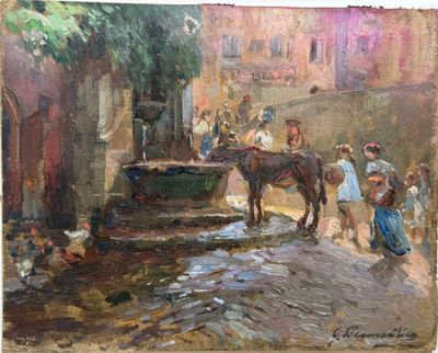 a painting of a horse that is standing in the street