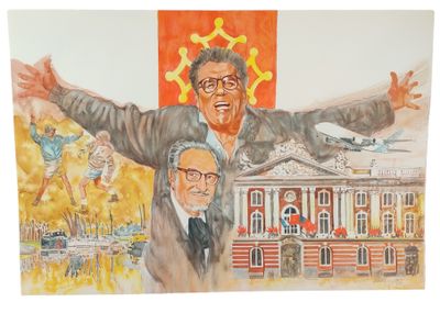 painting of two men in front of a painting of a building and a plane