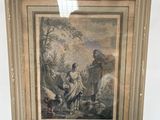 une vieille photo représentant un tableau posé sur un chevalet en bois, sur lequel on voit un homme et une femme