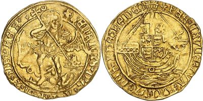 a gold coin with an image of a man holding a sword