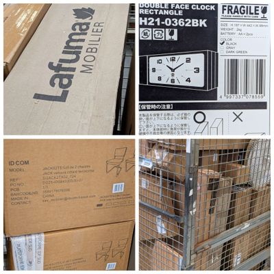 plusieurs photos de cartons et de colis empilés les uns sur les autres