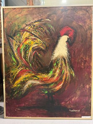 un tableau représentant un coq posé sur une table